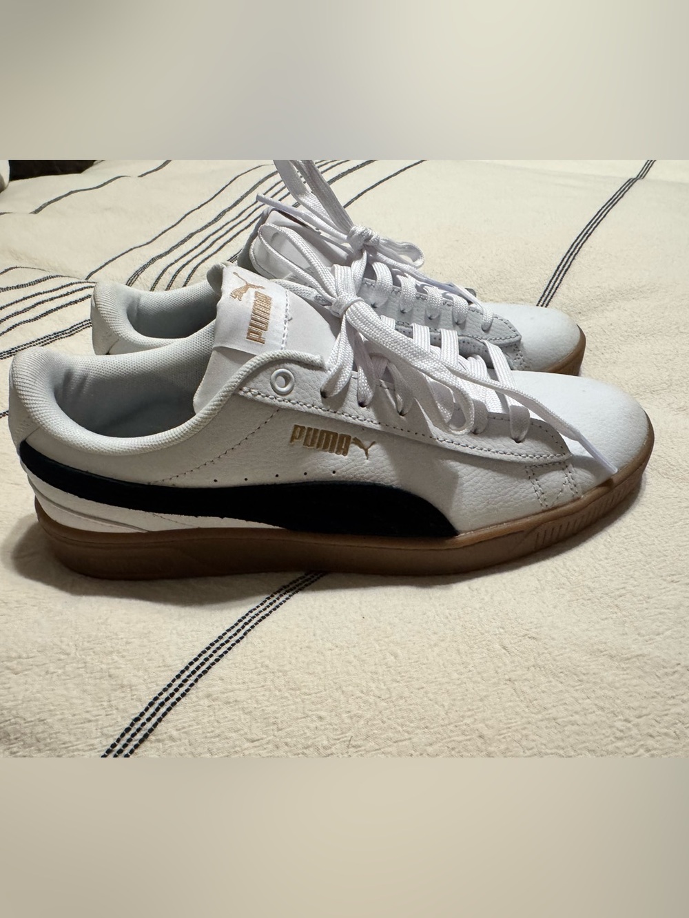 Puma White Leather Sneakers with Black Stripe
